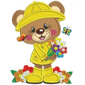 Cute Bear Wearing a Hat And Holding Flowers Applique Machine Embroidery Design Digitized Pattern